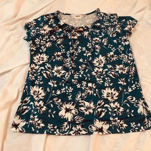 Notations Blouse Dark Teal Blue with Flowers Size S